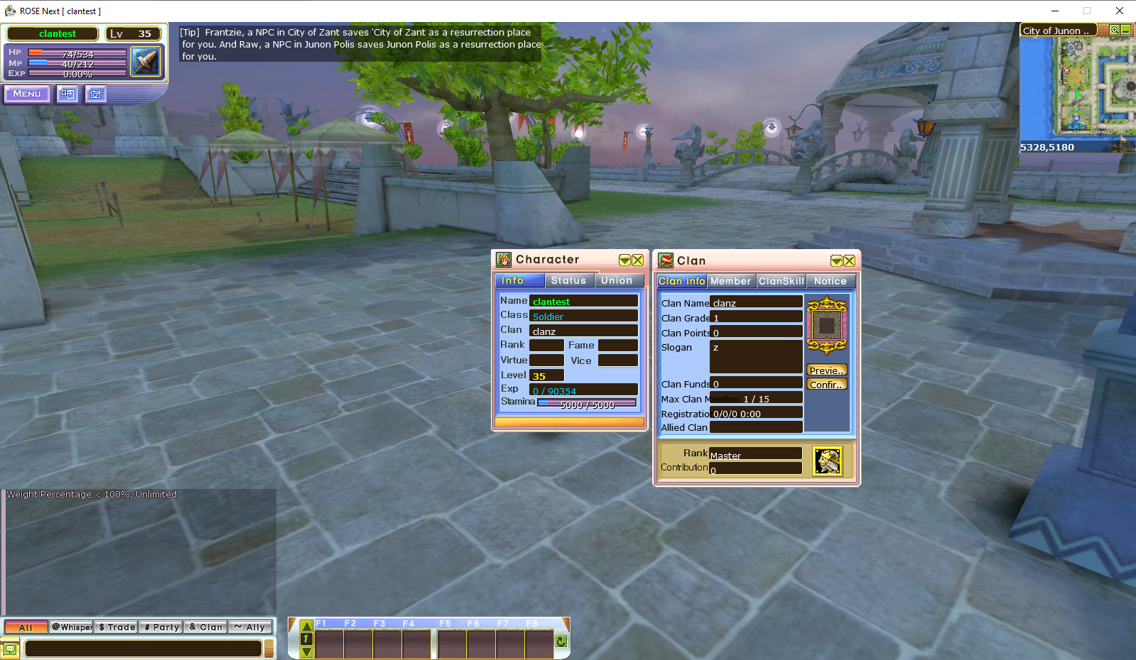 Screenshot of clan dialog and character info showing character is in the clan