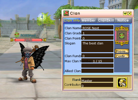 Screenshot of a character with a clan using a custom clan mark and the clan window