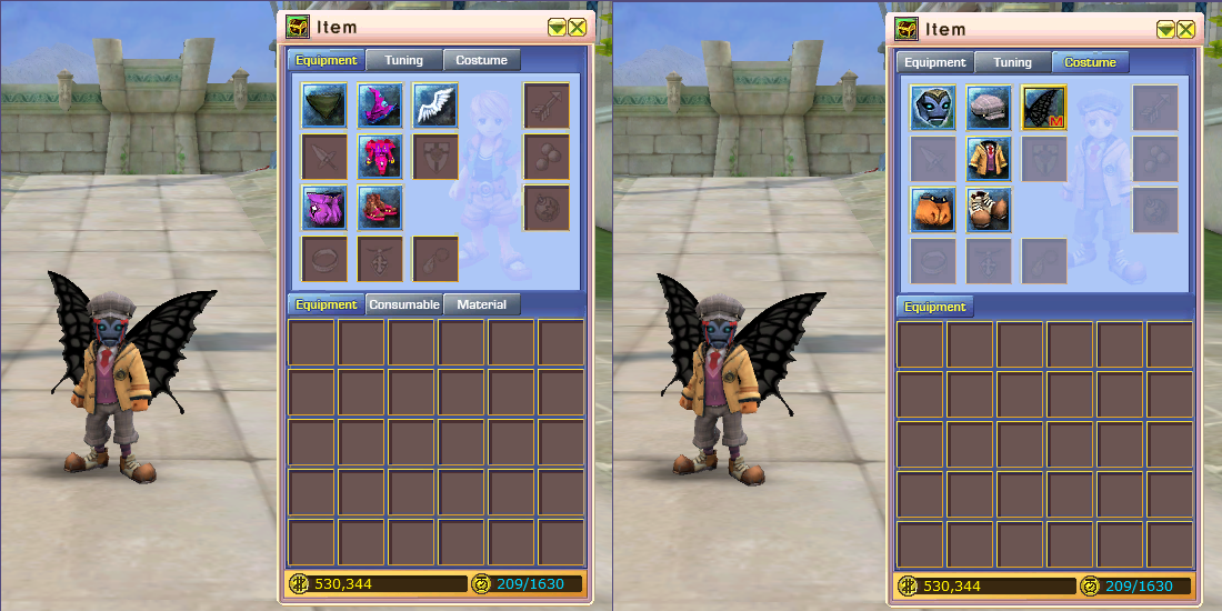 Screenshot of costume UI