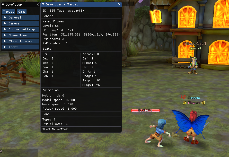 Screenshot of dev ui showing pvp state and a character attacking another one